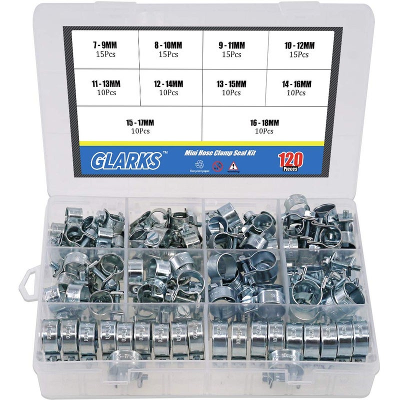 Glarks 120Pcs 10 Size Mini Fuel Injection Style Hose Clamp Assortment Kit For Diesel Petrol Pipe - Image 1